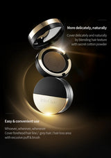 An open black and gold compact of LalaChuu hair powder is shown against a dark background with glowing light effects and promotional text describing the product.