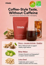 Odada Coffee-Style Taste, Without Caffeine herbal tea package on a pink background, with a red pouch, a glass of dark tea, and ingredients listed below: chicory, jerusalem artichoke, dandelion, bitter melon, and lotus seed.