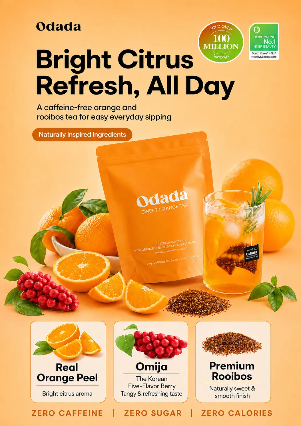 Odada Bright Citrus Refresh, All Day caffeine-free orange and rooibos tea advertisement. The ad features a bright orange stand-up pouch of tea, a glass of golden brewed tea with a tea bag, fresh oranges, orange slices, green leaves, and red berries on a warm orange background.