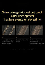 Promotional graphic on a black background with gold text reading 'Clear coverage with just one touch' and three step panels showing hair coat protection. The panels describe intercos coated powder, a thin wrapping layer, and long-lasting coverage.