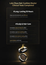A promotional graphic for a hair cushion product on a black background. The top text reads 'Lala Chuu Hair Cushion Master Clinical Tests Completed' in gold.