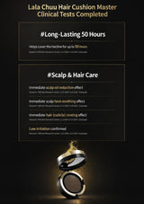 Promotional graphic for the Lala Chuu Hair Cushion Master, featuring clinical test results on a black background with gold text and icons. The graphic states that the cushion helps keep hair gray cover for up to 100 hours, maintains even color payoff for up to 100 hours, maintains hair volume for up to 100 hours, and maintains hair curl definition for up to 100 hours.