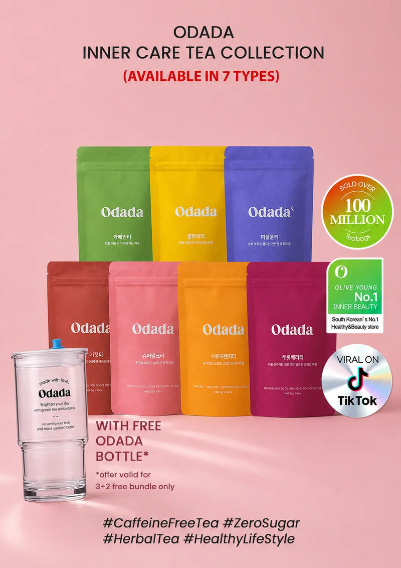 Promotional graphic for the Odada Inner Care Tea Collection, showing multiple colorful stand-up pouches of tea in green, yellow, blue, red, pink, orange, and purple, along with a glass bottle and promotional badges on a pink background.
