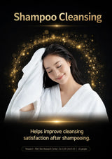 Promotional graphic for 'Shampoo Cleansing' featuring a smiling woman wrapped in a white towel and robe against a black background with gold glitter effects and text.