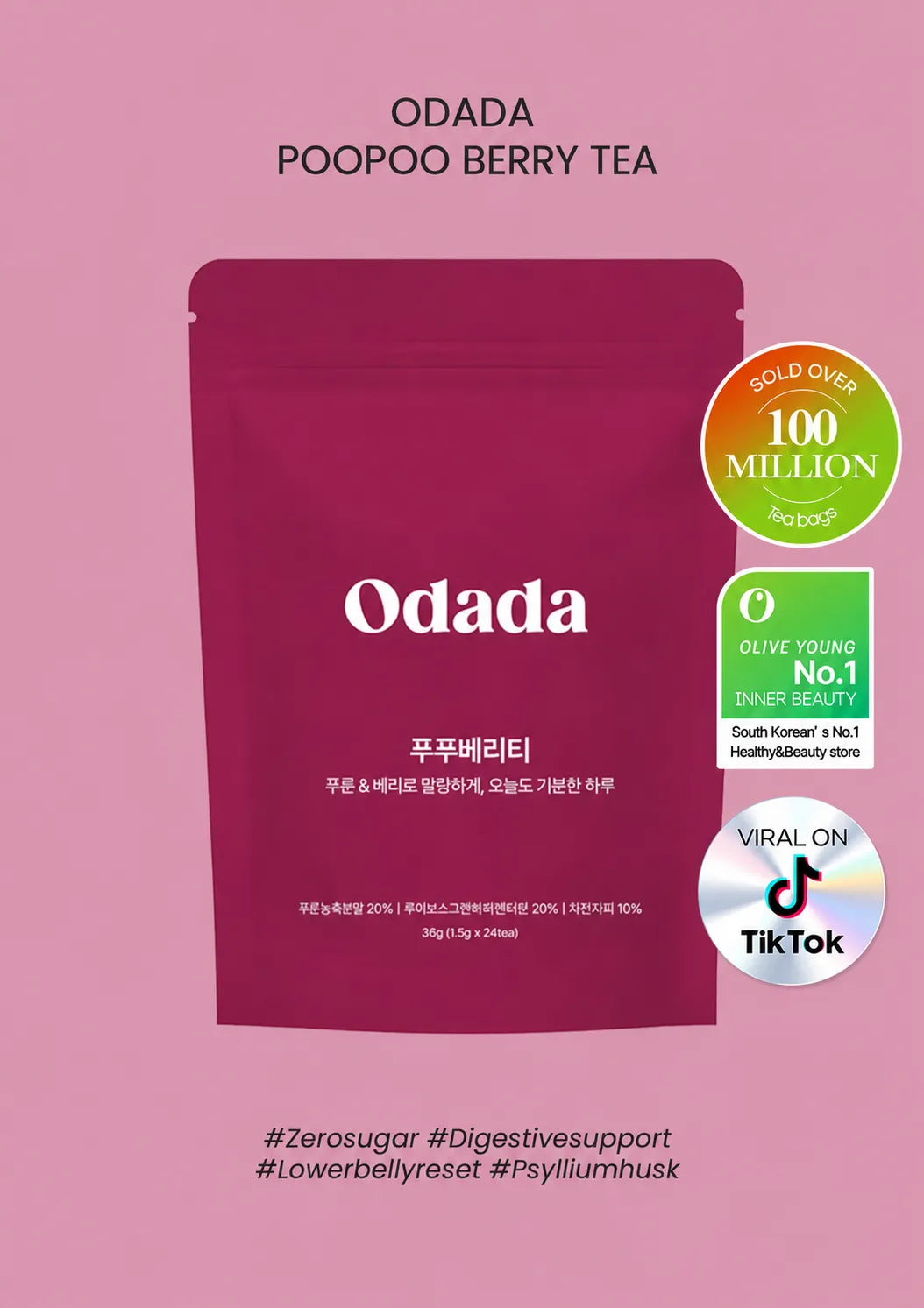 Odada Poopoo Berry Tea product packaging on a solid pink background, featuring a dark magenta pouch with white text and several certification badges on the right.