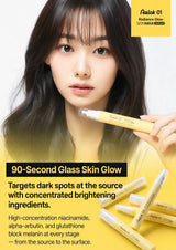 A promotional beauty ad showing a woman holding a yellow Aalok 01 spray bottle, with several Aalok 01 tubes arranged on a yellow surface below. Text highlights '90-Second Glass Skin Glow' and product benefits.