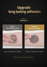 An infographic comparison graphic titled 'Upgrade long lasting adhesion' on a black background, showing two side-by-side panels labeled 'Typical hair cushion product' and 'Lala Chuw Hair Cushion Master' with a hand rubbing a dark hair cushion on skin to demonstrate adhesion strength.