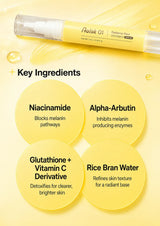A pale yellow skincare pump bottle labeled 'Palak Q1 Radiance Glow Serum' on a light yellow background with water droplets and a brush stroke. Below, text reads '+ Key Ingredients' with four yellow circles listing ingredients: Niacinamide, Alpha-Arbutin, Glutathione + Vitamin C Derivative, and Rice Bran Water.