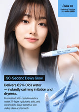 A woman holds a blue and white Aalook 02 Hydrating Soothing Skin Max spray pen against a light blue background, with product text and additional spray pens shown in the lower half of the ad.
