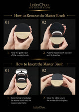 Instructional graphic for the Lala Chuv Hair Cushion Master, showing step-by-step how to remove and insert the master brush with hand illustrations and numbered panels on a black background.