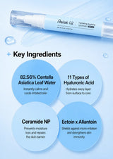 A promotional graphic for the Pallok 02 Hydrating Soothing Serum. The image features the clear and light blue spray bottle at the top, with four circular blue callouts below detailing key ingredients: 82.