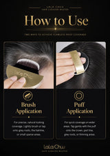 An instructional graphic titled 'How to Use' for the Lala Chuu Hair Cushion Master, showing two panels with close-up photos of a hand applying the product to hair. The left panel demonstrates 'Brush Application' with a semi-circular gold puff against dark hair, and the right panel demonstrates 'Puff Application' with the same gold puff on a fuller section of hair.