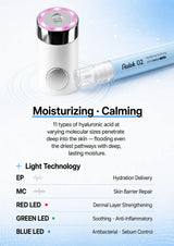 A skincare device and a light-therapy wand shown on a light blue and white background with text describing moisturizing, calming, and LED technology benefits.
