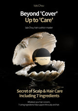 IalaChuu Beyond 'Cover' Up to 'Care' hair cushion master shown in an open clam shell on a black background, with promotional text about scalp and hair care ingredients.