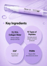 A cosmetic pen-style product labeled 'Palok Q3' shown on a light lavender background with text callouts about key ingredients, including 72.75% collagen water, 15 types of peptides, EGF, and PDRN.