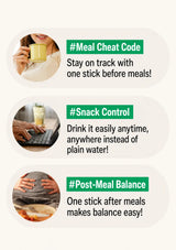 Three promotional text panels with rounded beige backgrounds and small lifestyle photos: a person holding a yellow mug under the heading '#Meal Cheat Code', hands typing at a keyboard with a drink under '#Snack Control', and hands holding a plate under '#Post-Meal Balance'.