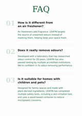 An FAQ informational graphic with three numbered questions and answers about a LEAFIN air freshener, shown on a white background with dark green text.
