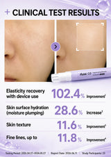 A promotional infographic showing before-and-after skin elasticity results for a facial treatment. The top half features close-up photos of a nose and cheek with a highlighted skin area, and a lavender-colored Narcan Nasal Care device is shown.
