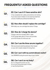 A FAQ infographic titled 'FREQUENTLY ASKED QUESTIONS' with six labeled questions (Q1-Q6) and short answer text about using a skincare device, shown on a white background with a faint circular pattern.