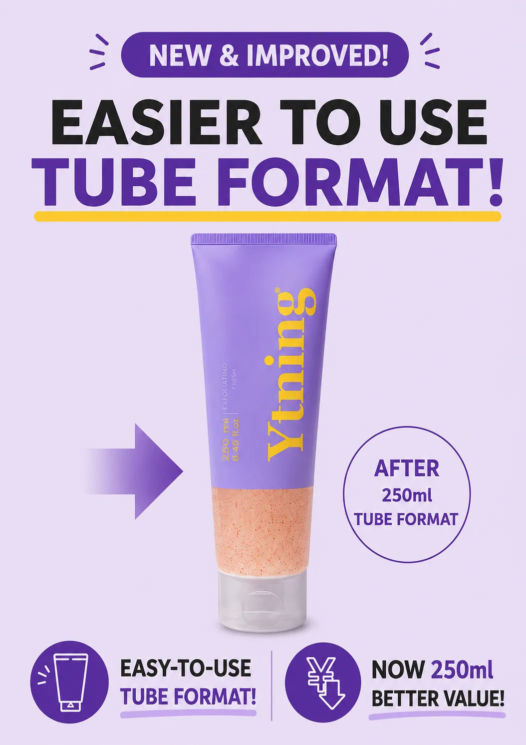 Promotional graphic for a tube-format cosmetic product on a light lavender background. The main subject is a purple squeeze tube labeled 'Ytning' with peach-colored product visible inside.