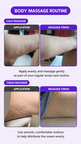 An infographic titled 'BODY MASSAGE ROUTINE' with four panels showing calf and thigh massage application and finish, plus text instructions on how to apply massage cream and perform the massage.
