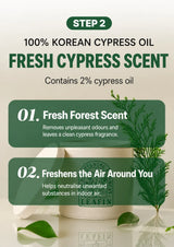 Promotional graphic for a 100% Korean cypress oil fresh cypress scent product, showing a white cylindrical bottle with a green leaf seal, green text blocks, and decorative cypress branches and leaves on a light beige background.