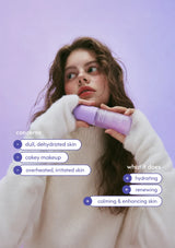A woman in a white knit sweater holds a lavender skincare bottle against a soft lavender background, with text callouts listing skin concerns and benefits.