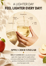 Promotional graphic for apple cider vinegar with a central circular inset showing a hand holding a glass of pale golden liquid, surrounded by text about its benefits and ingredients. The design includes a red apple and sliced apple on a light beige background with soft shadows.