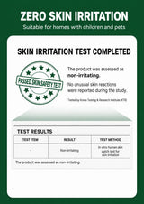 A green and white graphic certifying that a product has a completed skin irritation test, with a circular 'Passed Skin Safety Test' stamp and a table showing non-irritating results.