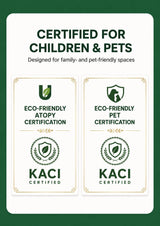 A promotional graphic with a white rounded rectangle centered on a dark green background. The text reads 'CERTIFIED FOR CHILDREN & PETS' and 'Designed for family- and pet-friendly spaces,' with two certification-style panels below: 'ECO-FRIENDLY ATOPY CERTIFICATION' and 'ECO-FRIENDLY PET CERTIFICATION,' both showing KACI CERTIFIED logos.