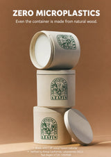 Three stacked cream-colored LEAFIN wooden jars with green printed labels, shown on a warm brown background with the text 'ZERO MICROPLASTICS' at the top.