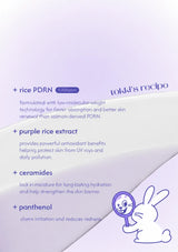 TOKKI Purple Rice PDRN Gel & Cream ingredients including rice PDRN, purple rice, five ceramides and panthenol