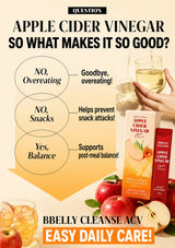 Promotional infographic for Bbelly Cleanse ACV apple cider vinegar, showing text benefits like 'No, overeating' and 'No, snacks', alongside images of apples, glasses of golden vinegar, and product boxes.