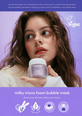 A woman with wavy brown hair holds a frosted jar of 'Milky Micro Foam Bubble Mask' against a lavender-purple background. The image features promotional text, a 'Vegan' badge, and product icons at the bottom.