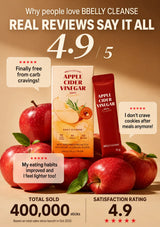 Promotional graphic for BBELBY CLEANSE featuring a box and tube of apple cider vinegar cleanse products surrounded by red apples on a warm brown background. Large text reads 'Why people love BBELBY CLEANSE', 'REAL REVIEWS SAY IT ALL', '4.