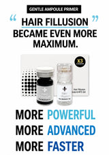 Promotional graphic for Hair Illusion Gentle Ampoule Primer, showing three product containers (a dark bottle and two clear ampoules) on a white background with large marketing text about hair fillusion.