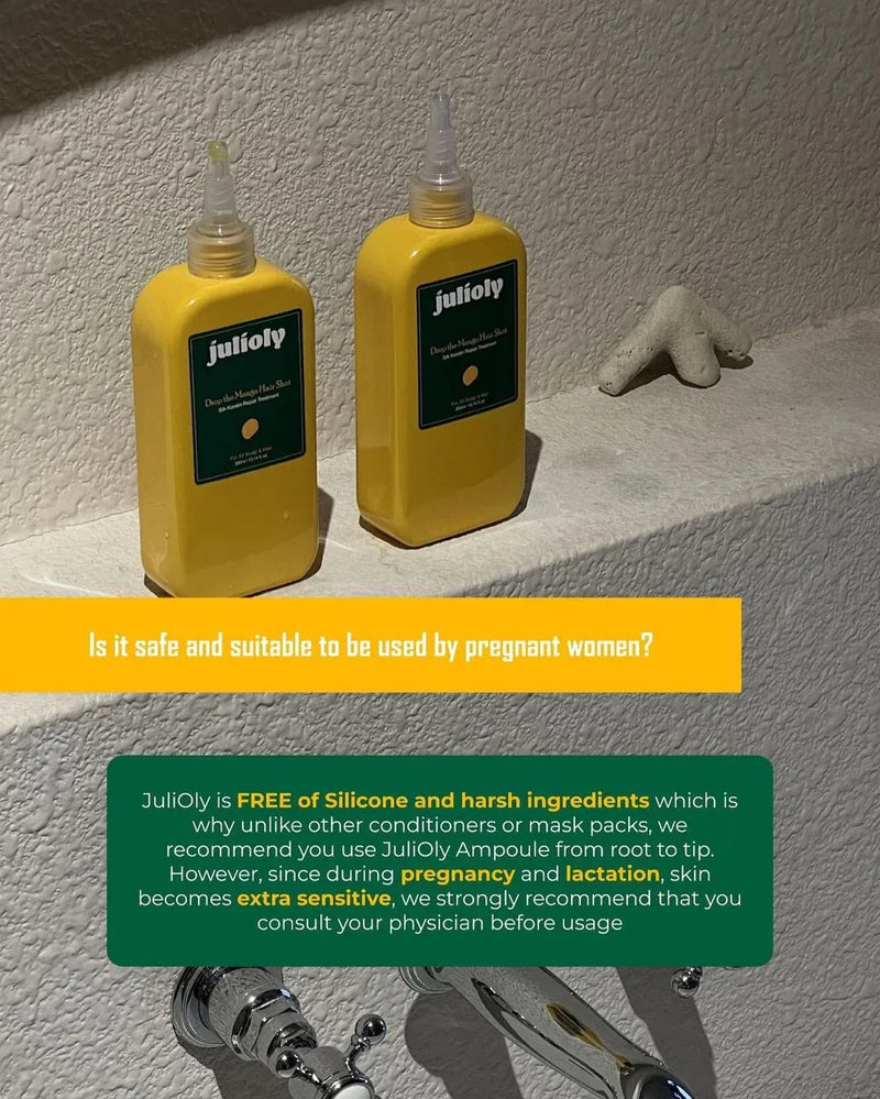 Two yellow bottles of Julioly product on a textured surface with text about safety for pregnant women.