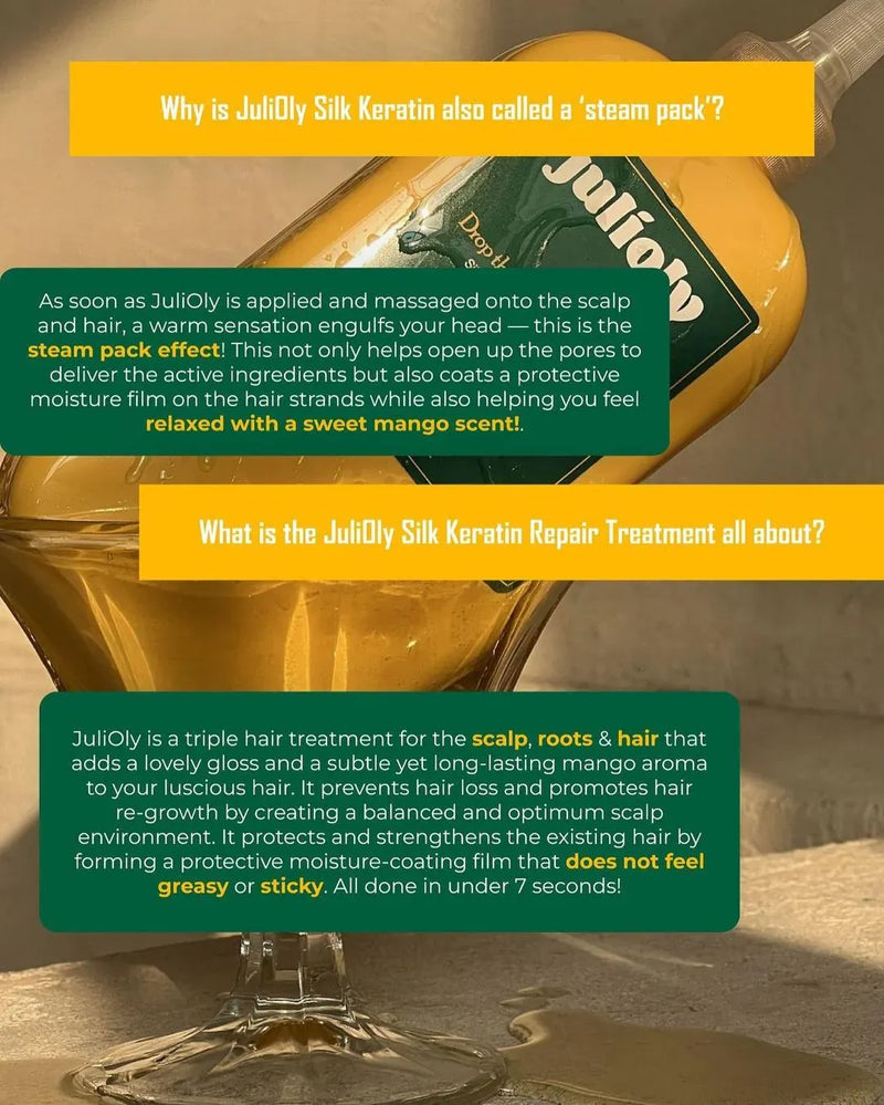 JuliOly Silk Keratin product with text explaining its 'steam pack' effect and repair treatment benefits.