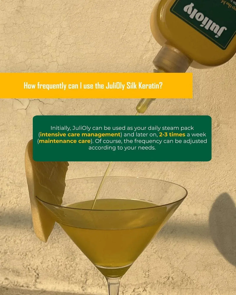 JuliOly Silk Keratin product with a glass of liquid on a textured beige background