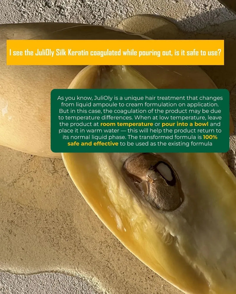 JuliOly Silk Keratin product with text overlay on a textured background