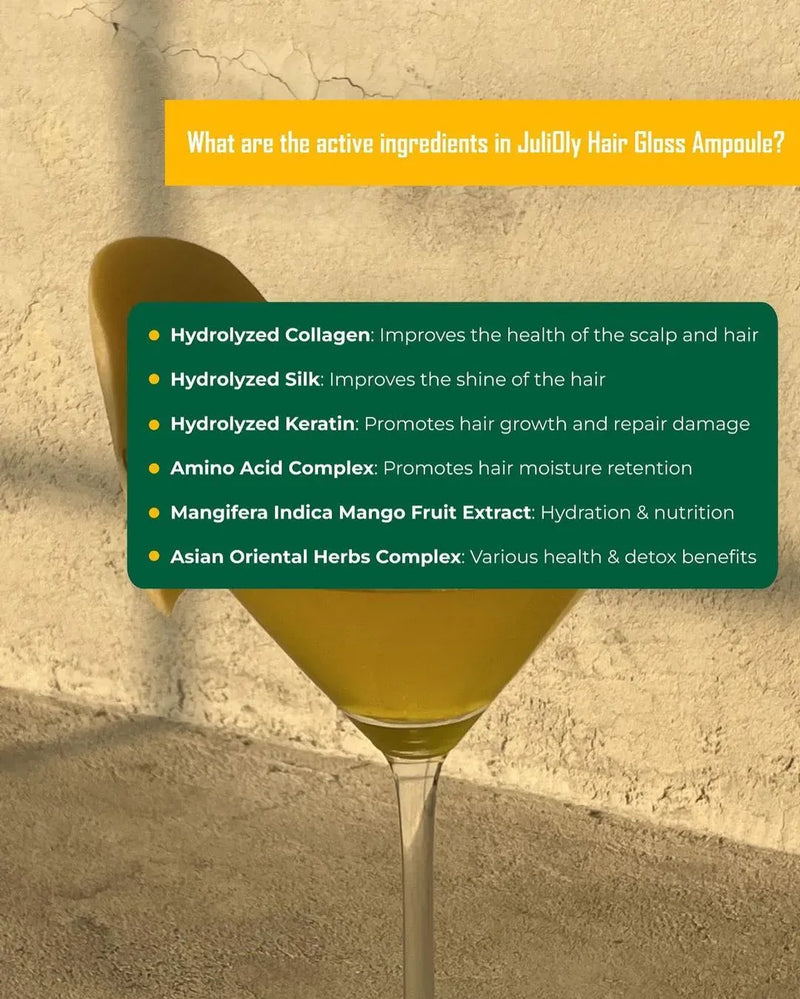 Hair ampoule with a list of active ingredients on a textured beige background