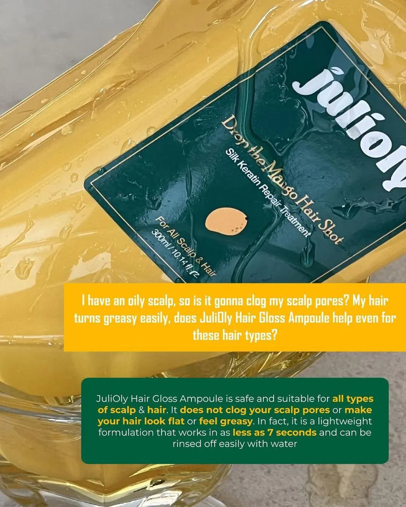 Julioily hair product packaging with text on a gray background