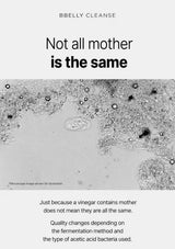 An informational graphic with the text 'Not all mother is the same' and 'BBELY CLEANSE' at the top, a grayscale microscopic image in the center, and explanatory text at the bottom about vinegar containing 'mother' and quality depending on fermentation method.