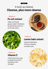 An informational graphic for a dietary supplement called 'Cleanse, plus more cleanse'. It features three ingredient callouts with images and descriptions: Pu-erh extract (a wooden bowl with loose tea and a cup of red tea), Lemon balm extract (fresh green leaves), and Vitamin C (golden liquid drops).