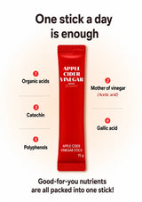 A red Apple Cider Vinegar stick pack centered on a light background, surrounded by text callouts listing its nutrients: organic acids, mother of vinegar, catechin, gallic acid, and polyphenols. The headline reads 'One stick a day is enough' and the bottom text says 'Good-for-you nutrients are all packed into one stick!'.