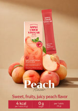 Apple Cider Vinegar Peach Flavor product display with a box, a single stick packet, and several peaches on a warm beige background. Large text reads 'Peach Flavor' with flavor callouts below.