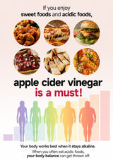 An informational graphic about apple cider vinegar, featuring six circular food photos, bold text reading 'apple cider vinegar is a must!', and silhouettes of people with a rainbow color gradient on a pale pink background.
