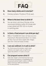 A FAQ informational graphic with five questions and answers about apple cider vinegar sticks, presented on a light beige background with black text.