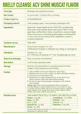 A green and white product information card detailing specifications for B Belly Cleanse ACV Shine Muscat Flavor, including food type, net content, packaging, ingredients, customer service, manufacturer, distributor, storage, and nutrition facts.