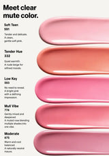A cosmetic shade guide graphic with four pink-peach lipstick swatches labeled Soft Teen, Tender Hue, Low Key, and Mull Vibe, each with a shade number and descriptive text on a light gray background.